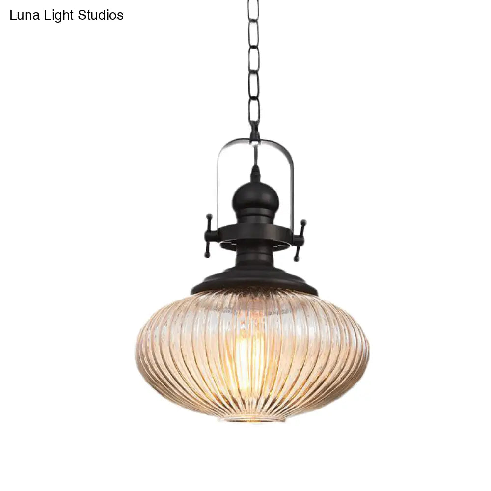 Vintage Black Ribbed Glass Pendant Ceiling Light – Ovale/Drum Style