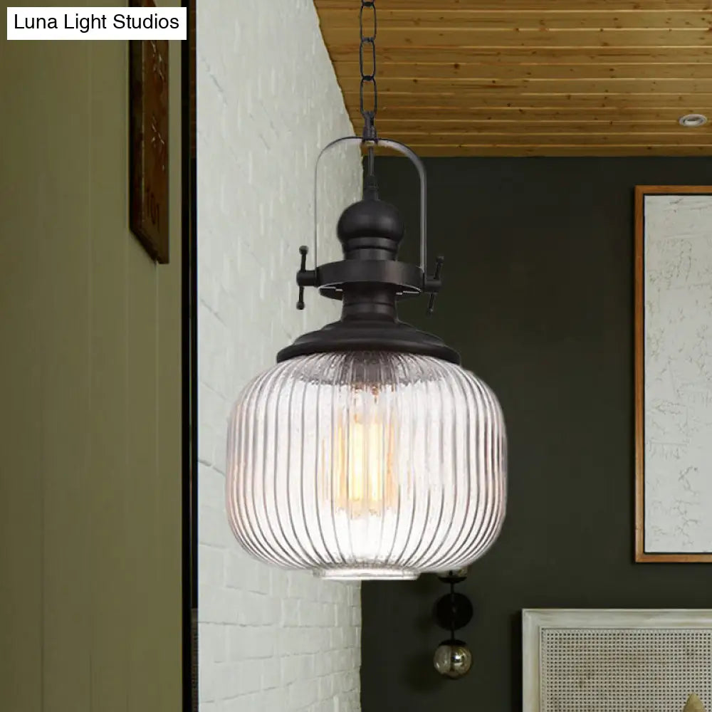 Vintage Black Ribbed Glass Pendant Ceiling Light – Ovale/Drum Style