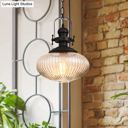 Vintage Black Ribbed Glass Pendant Ceiling Light – Ovale/Drum Style