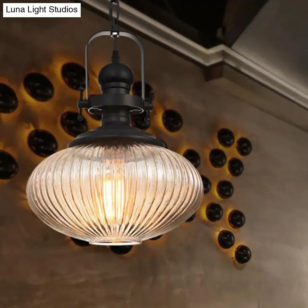 Vintage Black Ribbed Glass Pendant Ceiling Light – Ovale/Drum Style