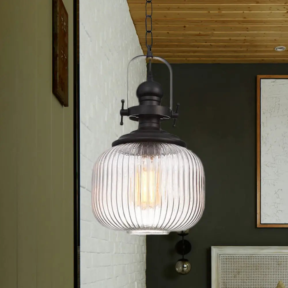 Vintage Black Ribbed Glass Pendant Ceiling Light – Ovale/Drum Style