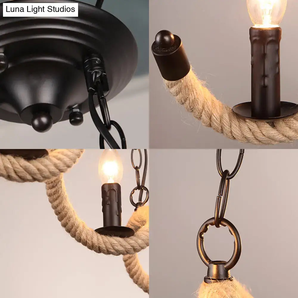 Decorbites™ vintage black rope pendant light with thick beige rope arms and candle-style bulbs for dining room