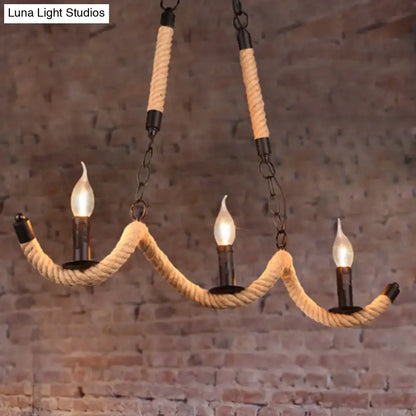 Decorbites™ vintage black rope pendant light featuring three candle bulbs and thick beige rope wrapped metal chains