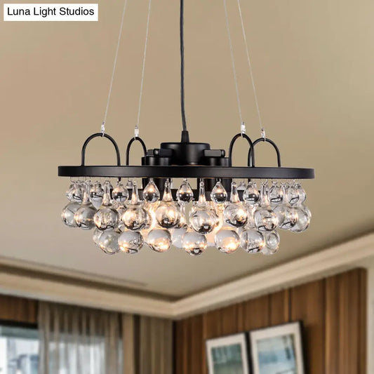 Lámpara de araña vintage redonda de metal negro - Lámpara colgante de 4 luces con gota de cristal