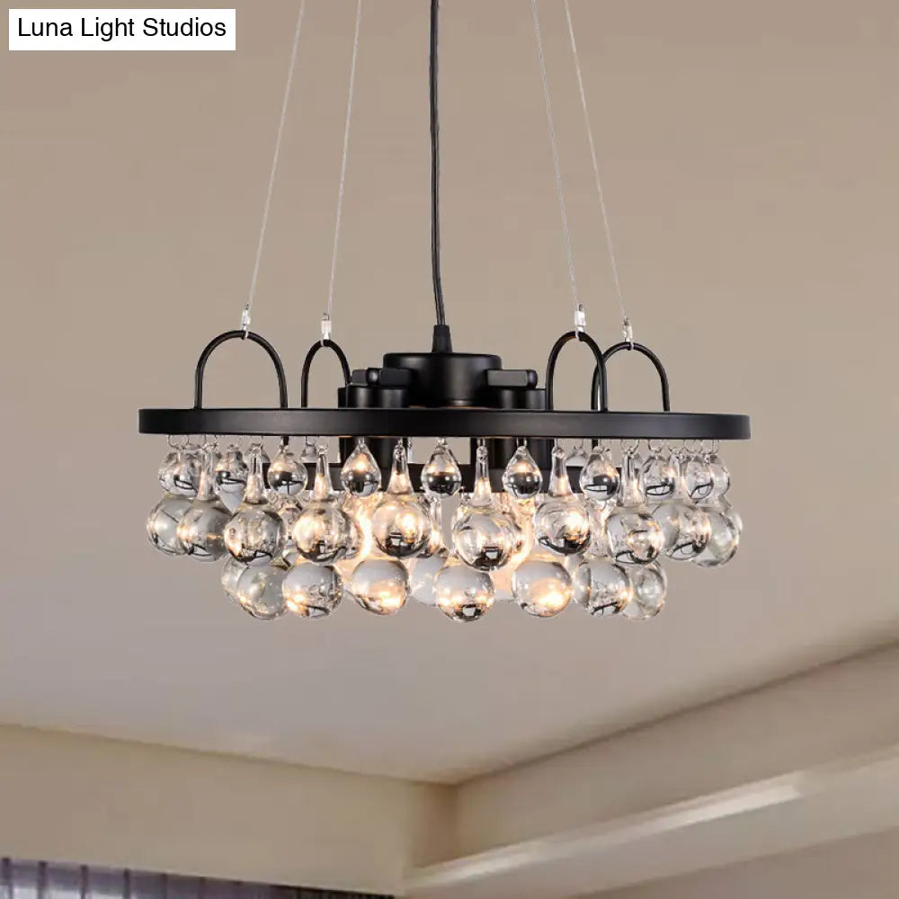 Lámpara de araña vintage redonda de metal negro - Lámpara colgante de 4 luces con gota de cristal
