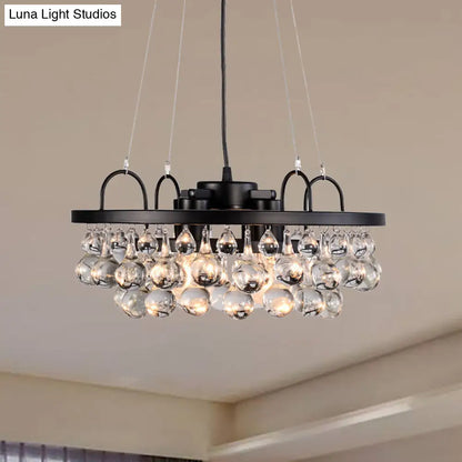 Lámpara de araña vintage redonda de metal negro - Lámpara colgante de 4 luces con gota de cristal