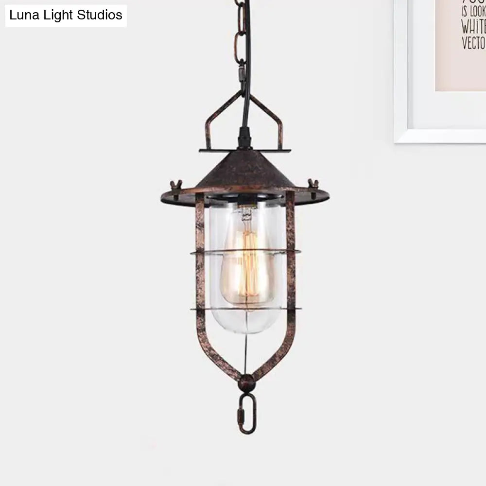 Vintage Black/Rust Cone Pendant Light with Clear Glass - Stylish Ceiling Lamp for Living Room with Cage