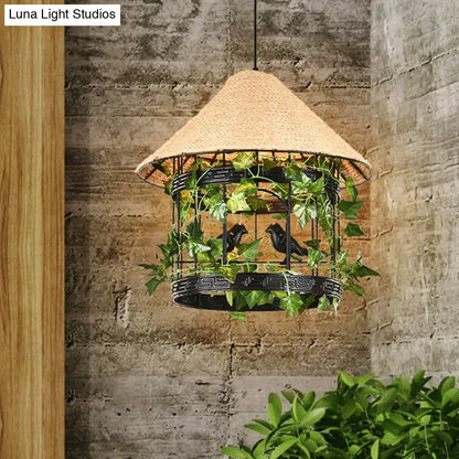 Vintage Black/Rust Finish House Pendant Ceiling Light with Rope Hanging and Flower/Vine Deco - 1-Bulb Hanging Lamp Kit