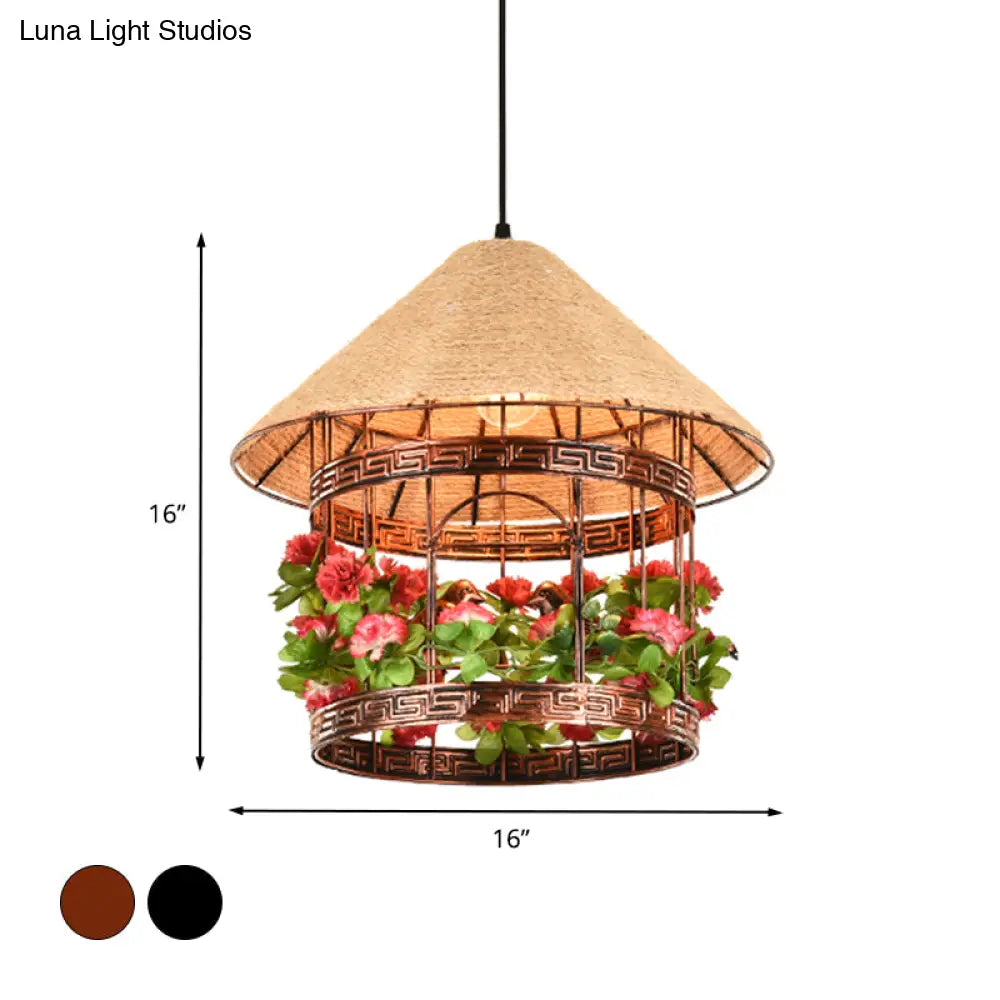 Vintage Black/Rust Finish House Pendant Ceiling Light with Rope Hanging and Flower/Vine Deco - 1-Bulb Hanging Lamp Kit