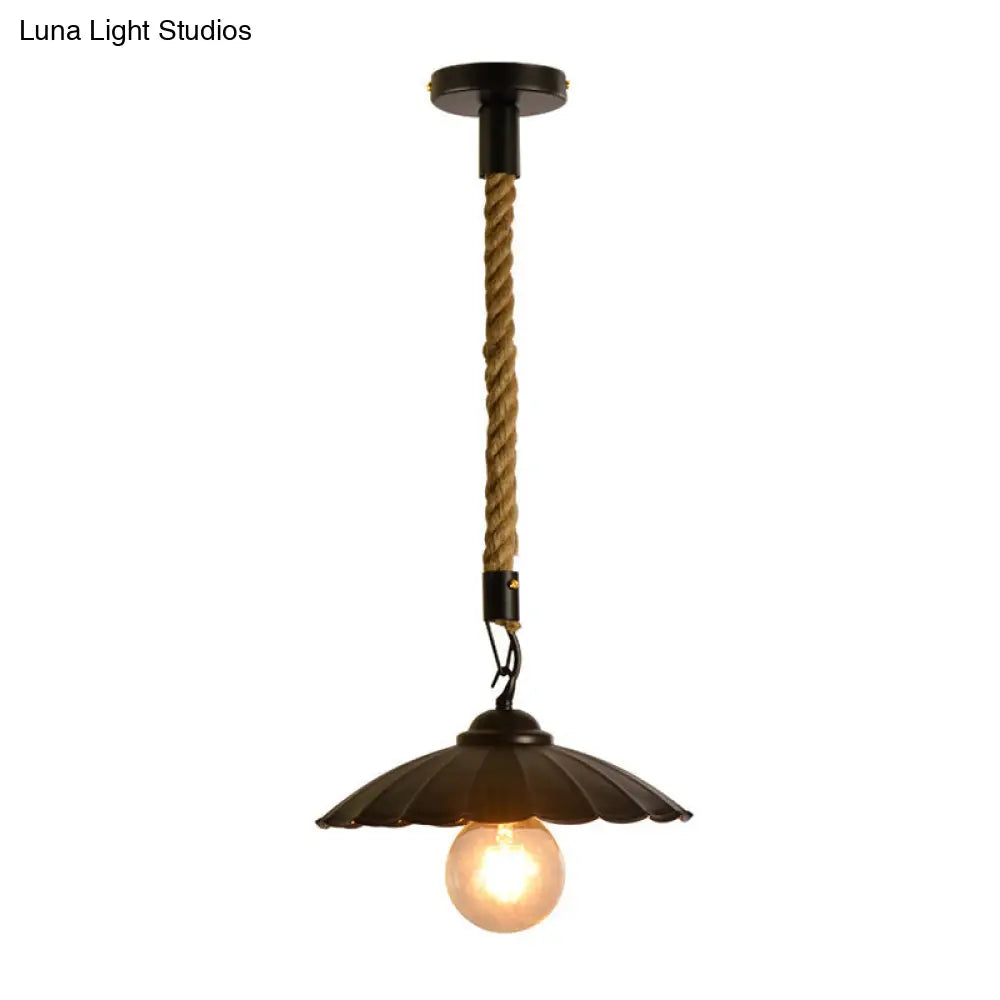 Vintage Black Scalloped Pendant Light - Metal 1-Light Suspension Lighting for Dining Room