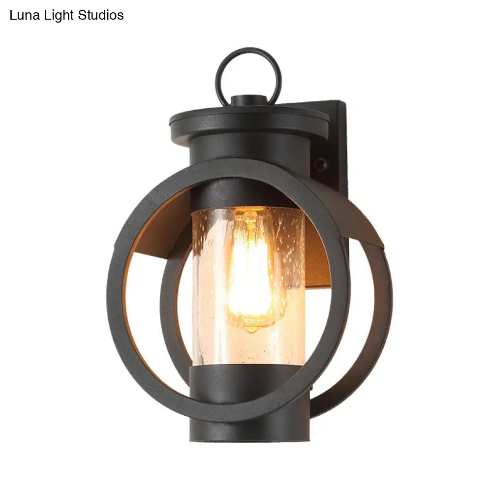 Vintage Black Seedy Glass Cylinder Sconce Light with Round Frame