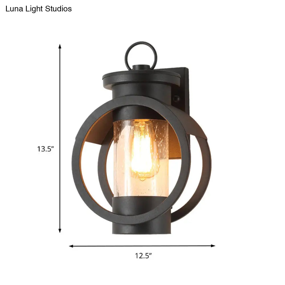Vintage Black Seedy Glass Cylinder Sconce Light with Round Frame