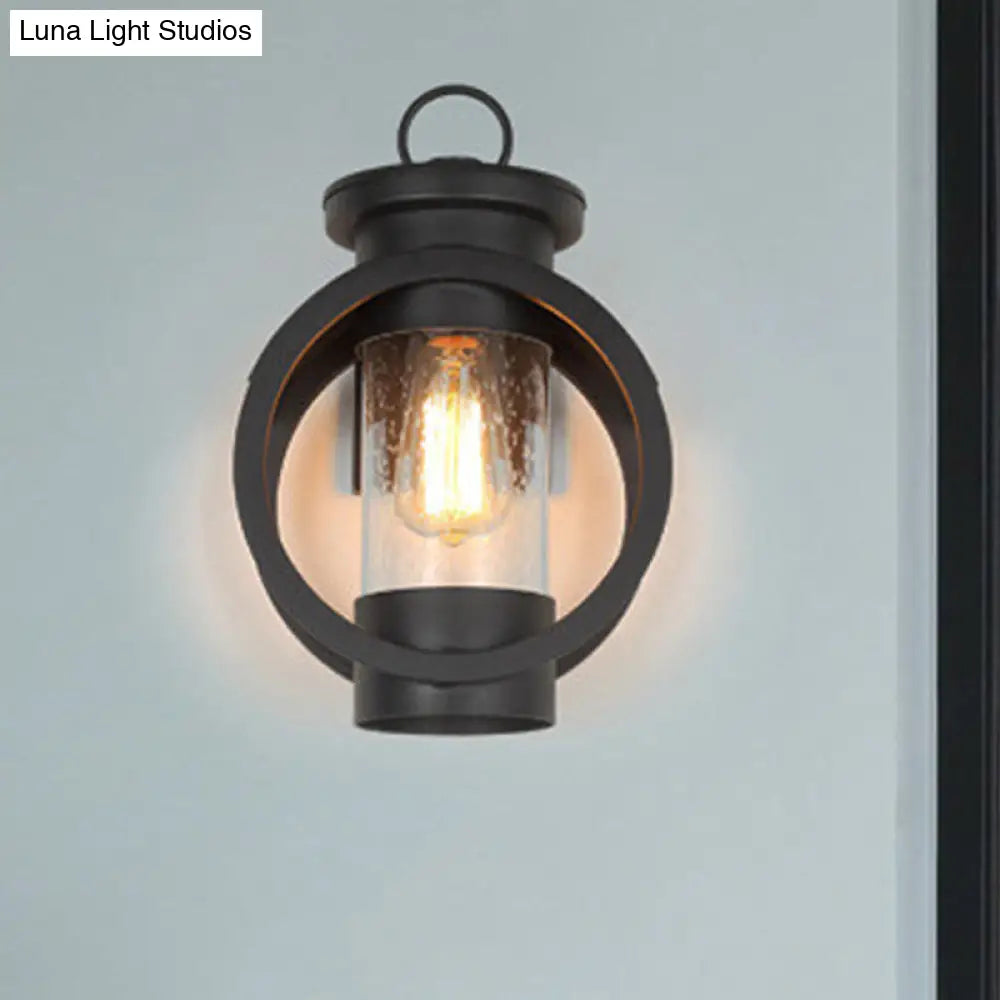Vintage Black Seedy Glass Cylinder Sconce Light with Round Frame