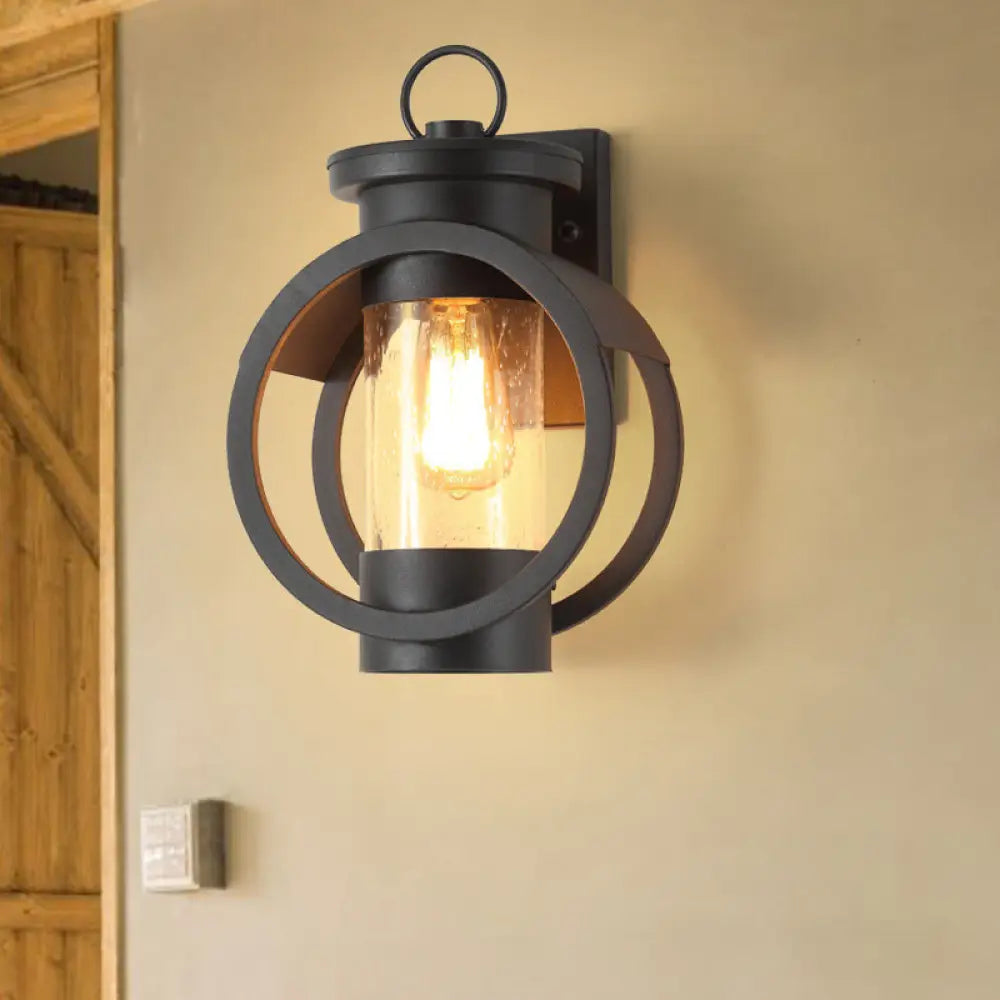 Vintage Black Seedy Glass Cylinder Sconce Light with Round Frame