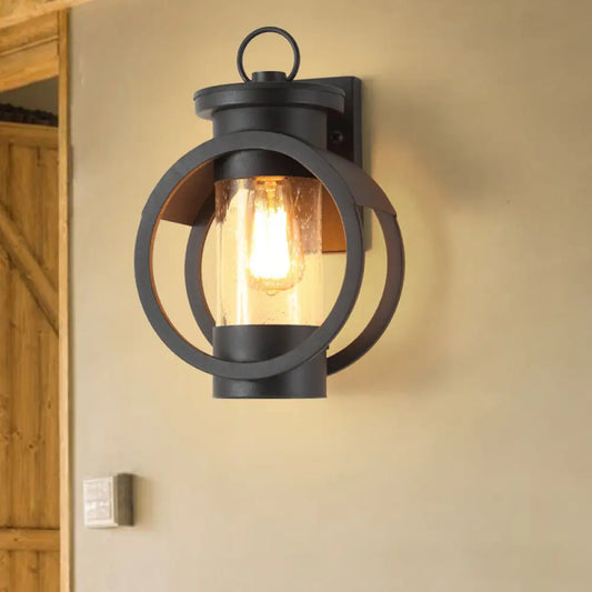 Vintage Black Seedy Glass Cylinder Sconce Light with Round Frame