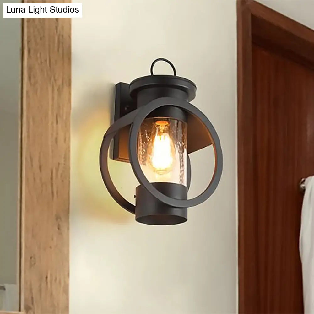 Vintage Black Seedy Glass Cylinder Sconce Light with Round Frame