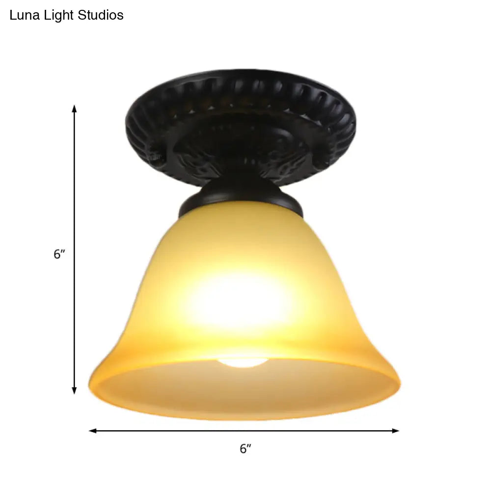 Vintage Black Semi Flush Ceiling Light with Bell Shade, Opal/Amber Glass - Ideal for Living Room