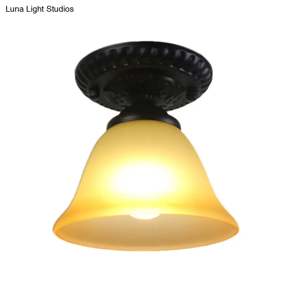 Vintage Black Semi Flush Ceiling Light with Bell Shade, Opal/Amber Glass - Ideal for Living Room