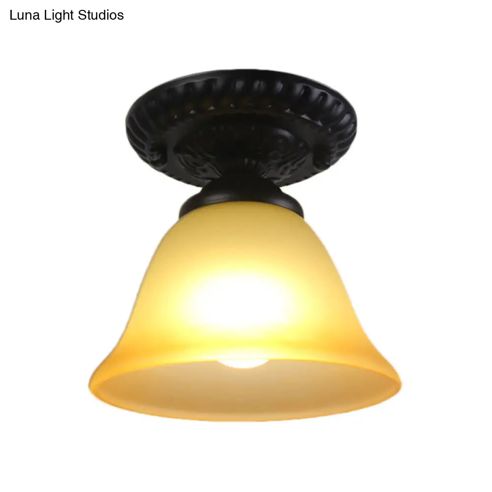 Vintage Black Semi Flush Ceiling Light with Bell Shade, Opal/Amber Glass - Ideal for Living Room