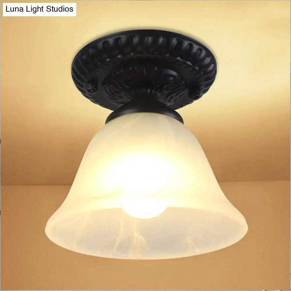 Vintage Black Semi Flush Ceiling Light with Bell Shade, Opal/Amber Glass - Ideal for Living Room