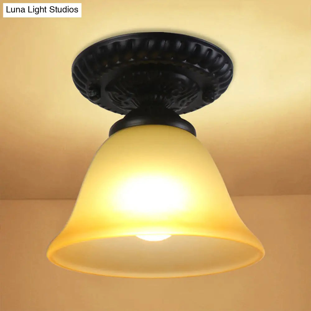 Vintage Black Semi Flush Ceiling Light with Bell Shade, Opal/Amber Glass - Ideal for Living Room