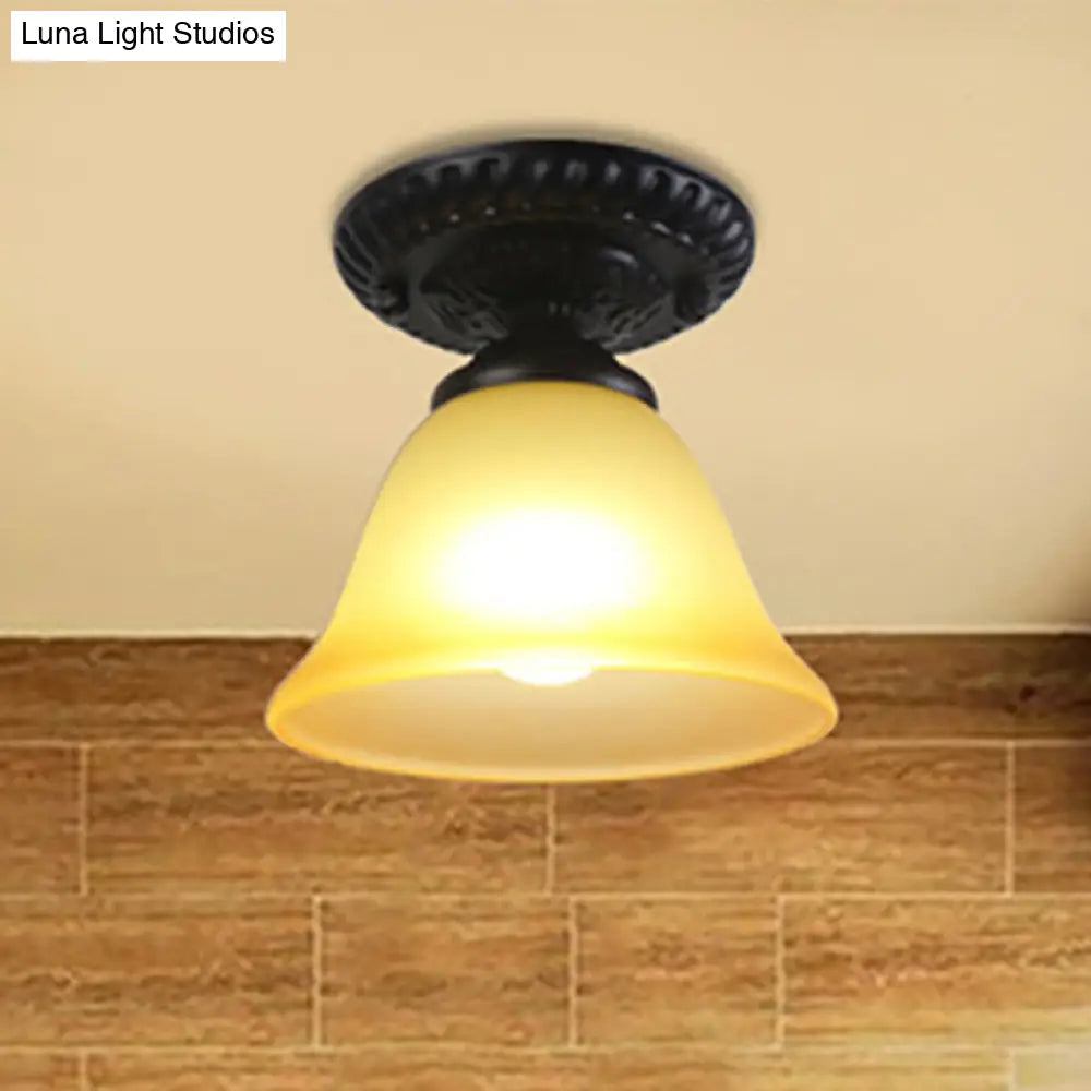 Vintage Black Semi Flush Ceiling Light with Bell Shade, Opal/Amber Glass - Ideal for Living Room