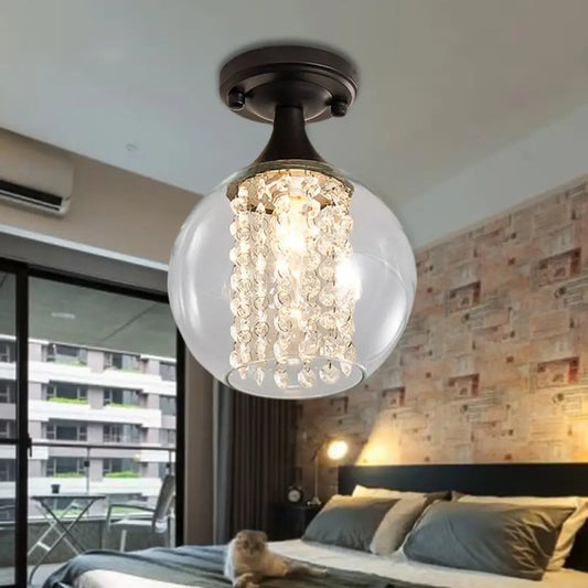 Vintage Black Semi Flush Mount Ceiling Light with Cylinder/Globe Glass Shade and Crystal Strands