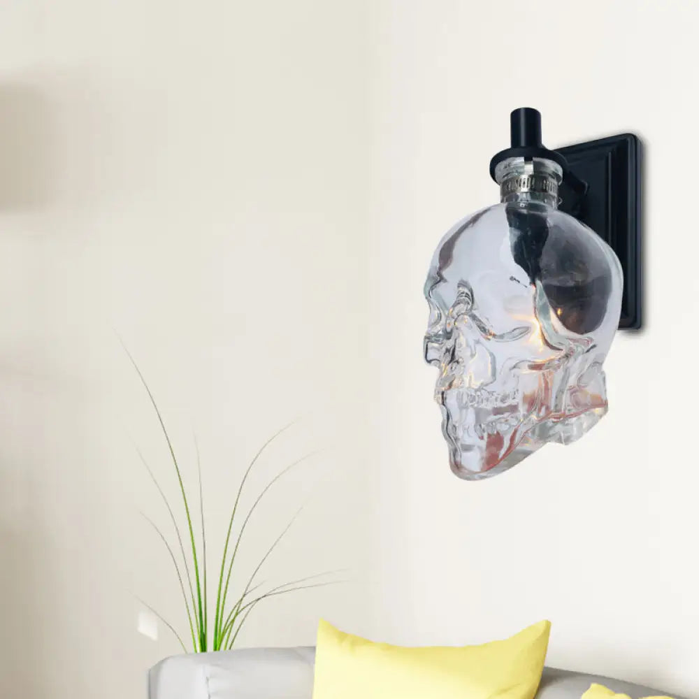 Vintage Black Skull Shaped Sconce: Clear Glass, Wall Mounted Living Room Lamp