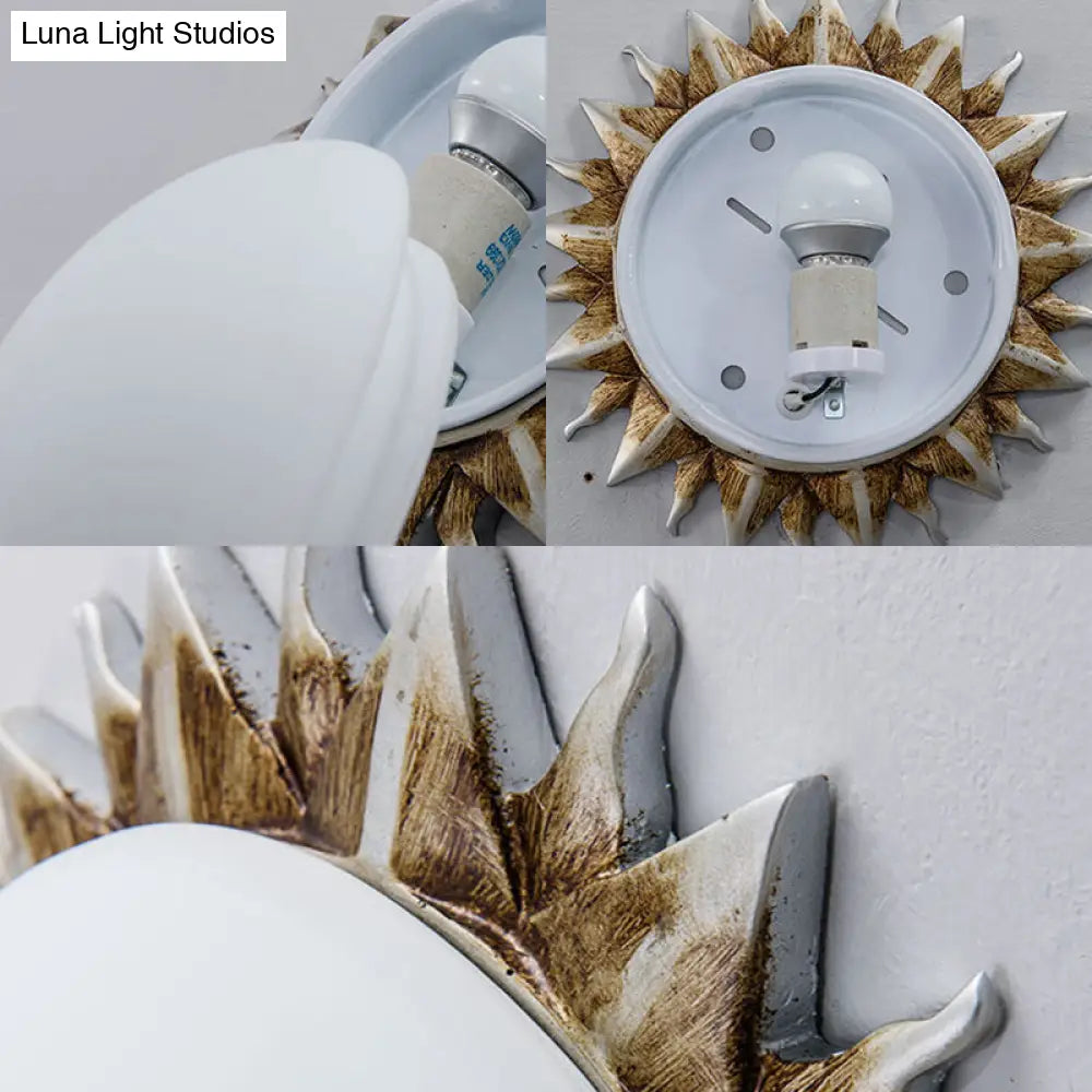 Vintage Black Sunburst Ceiling Light with Opal Glass for Living Room - 9"/15" Wide