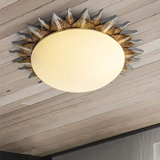 Vintage Black Sunburst Ceiling Light with Opal Glass for Living Room - 9"/15" Wide