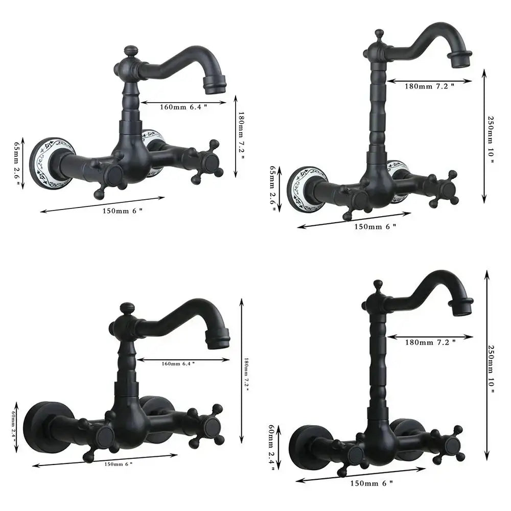 Vintage black swivel wall mounted bathroom faucet with black matte finish ornate detailing and ceramic base knobs