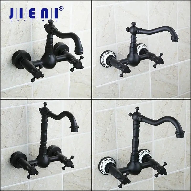 Vintage black swivel wall mounted bathroom faucet with matte finish ornate cross handles and ceramic base for decorbites black swivel