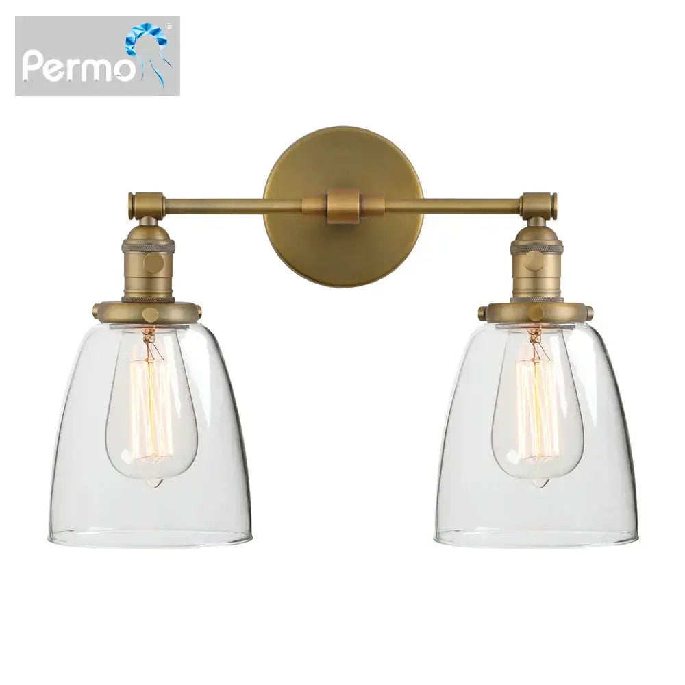 Permo vintage wall sconce with brass finish, two clear glass shades, and exposed filament bulbs for bedroom lighting