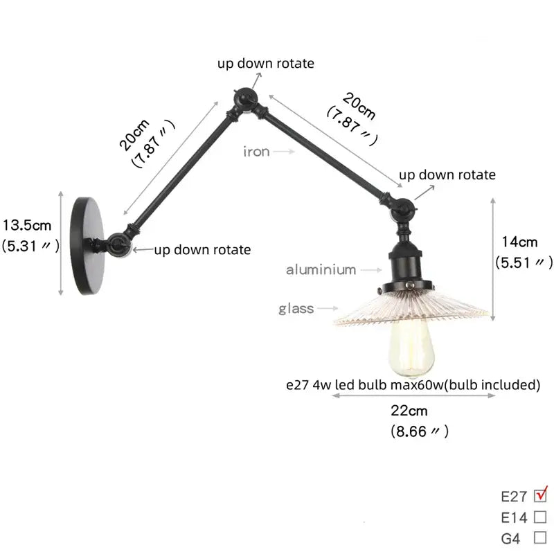 Black vintage wall lamp with adjustable iron and aluminum arms and clear glass shade over edison bulb for bedroom use