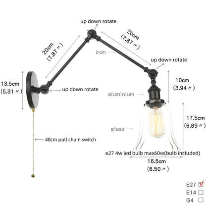 Black vintage wall lamp with adjustable black wrought iron and aluminum arm and clear glass e27 led bulb shade for bedroom