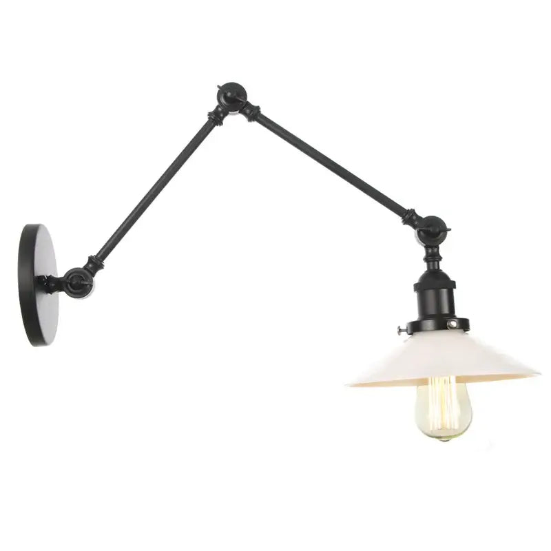 Black vintage wall lamp with adjustable arms white glass shade and exposed edison bulb for bedroom lighting