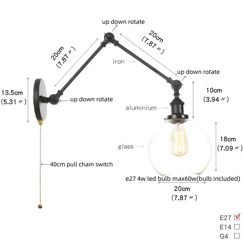 Black vintage wall lamp with adjustable black iron and aluminum arm and clear glass globe housing e27 led bulb for bedroom