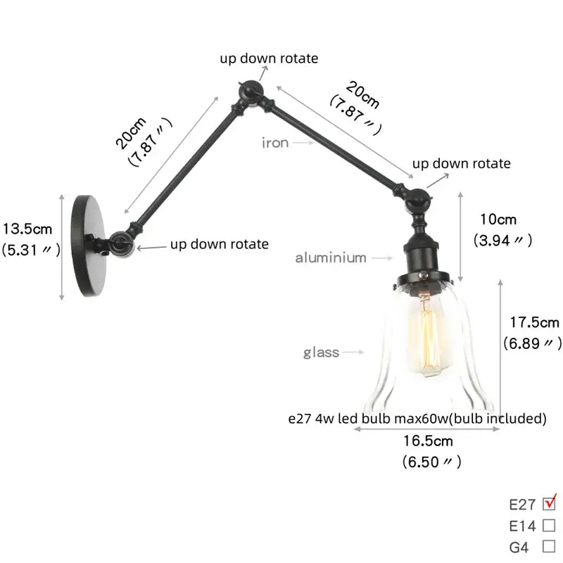 Black vintage wall lamp with adjustable iron and aluminum arms and clear glass shade housing exposed Edison bulb