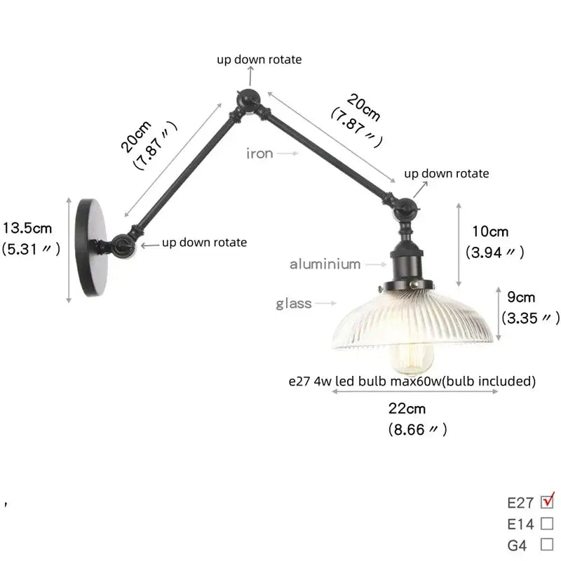 Black vintage wall lamp with adjustable iron and aluminum arms and ribbed white glass shade for bedroom use