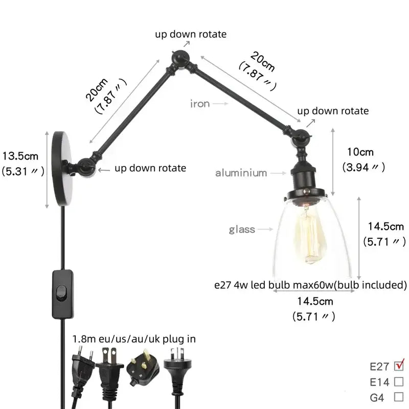 Adjustable black vintage wall lamp with aluminum arm and clear glass shade housing an e27 4w led bulb for bedroom use