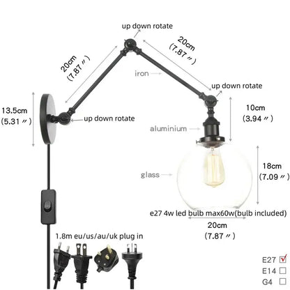 Vintage black wall lamp with adjustable black iron and aluminum swing arm and clear glass globe for bedroom use