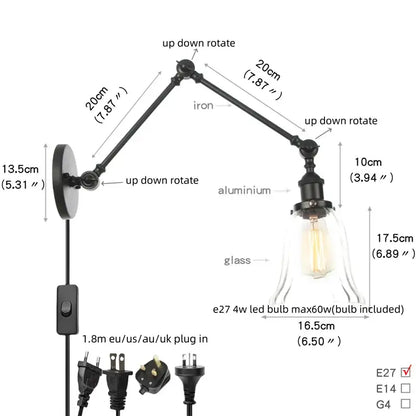 Vintage black wall lamp with adjustable swing arm, glass bell-shaped shade, and included led bulb for bedroom use