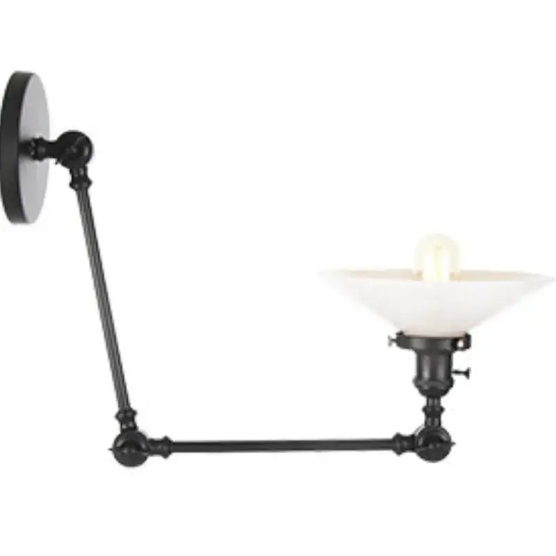 Black vintage wall lamp with wrought iron adjustable arm and frosted white glass shade for bedroom use