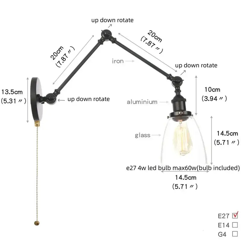 Black vintage wall lamp with adjustable iron and aluminum arms, clear glass shade, and exposed Edison bulb for bedroom use