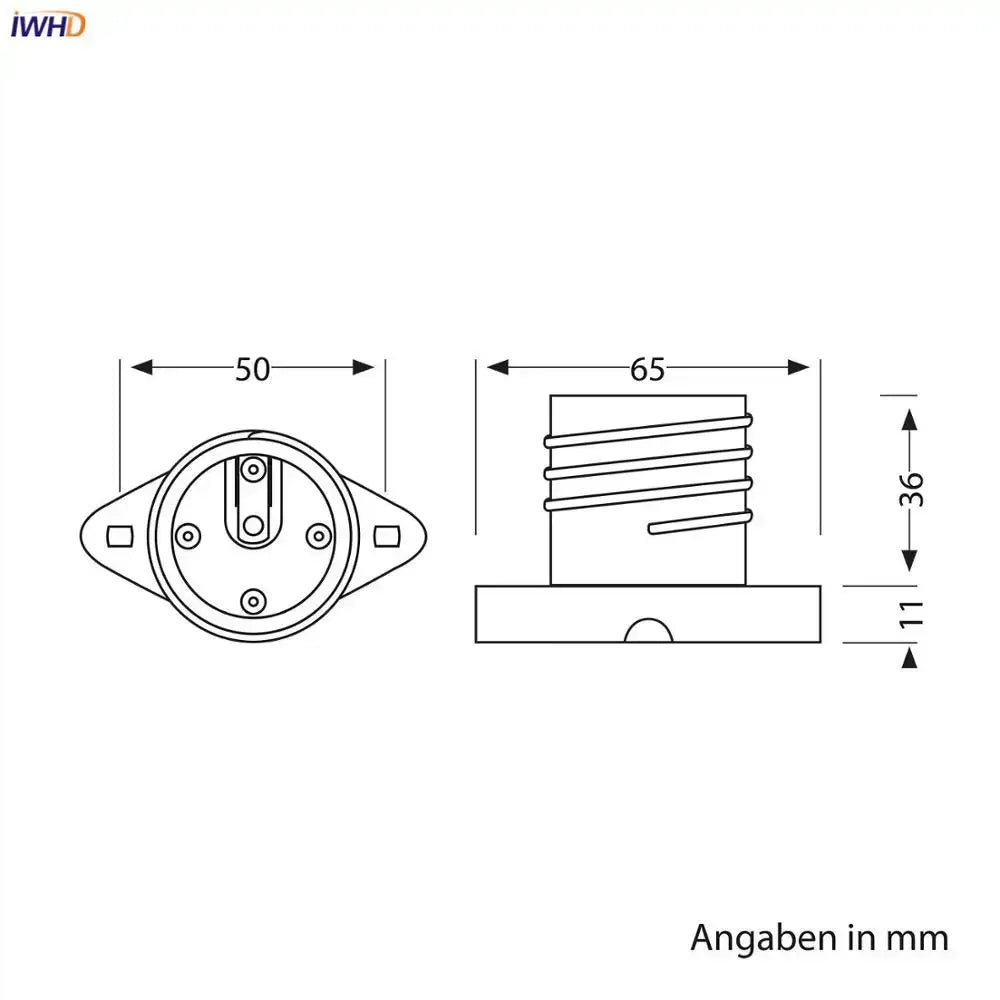 Technical drawing of a vintage black and white ceramic iwhd e27 lamp holder base with precise millimeter dimensions