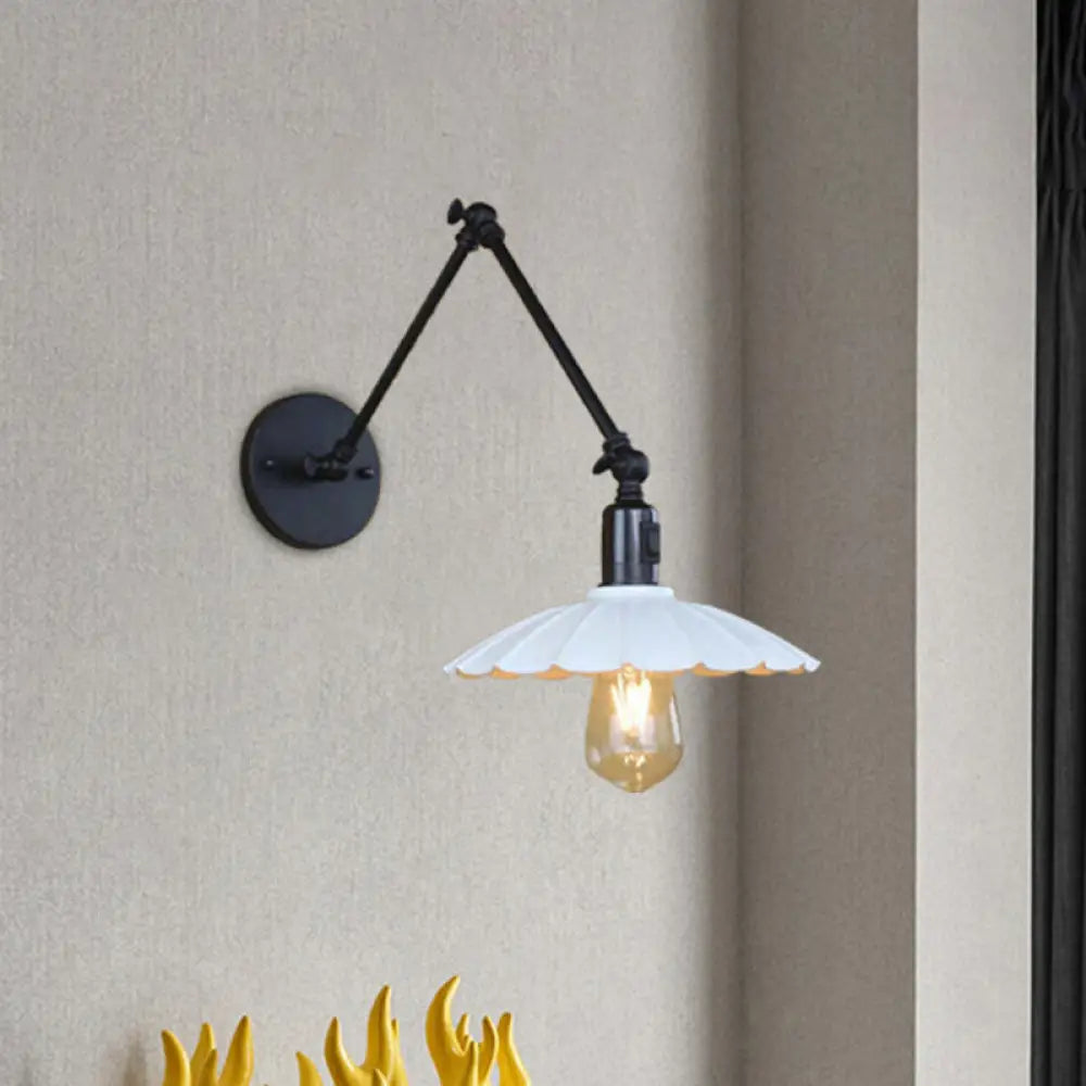 Vintage Black/White Scalloped Wall Sconce with Swing Arm - Stylish Metal Design for Living Room Lighting