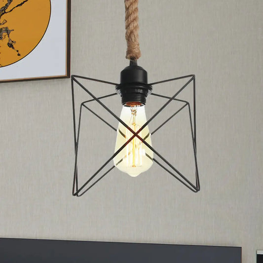 Vintage Black Wire Cage Pendant Light with Rope Cord - Dining Room Hanging Lamp