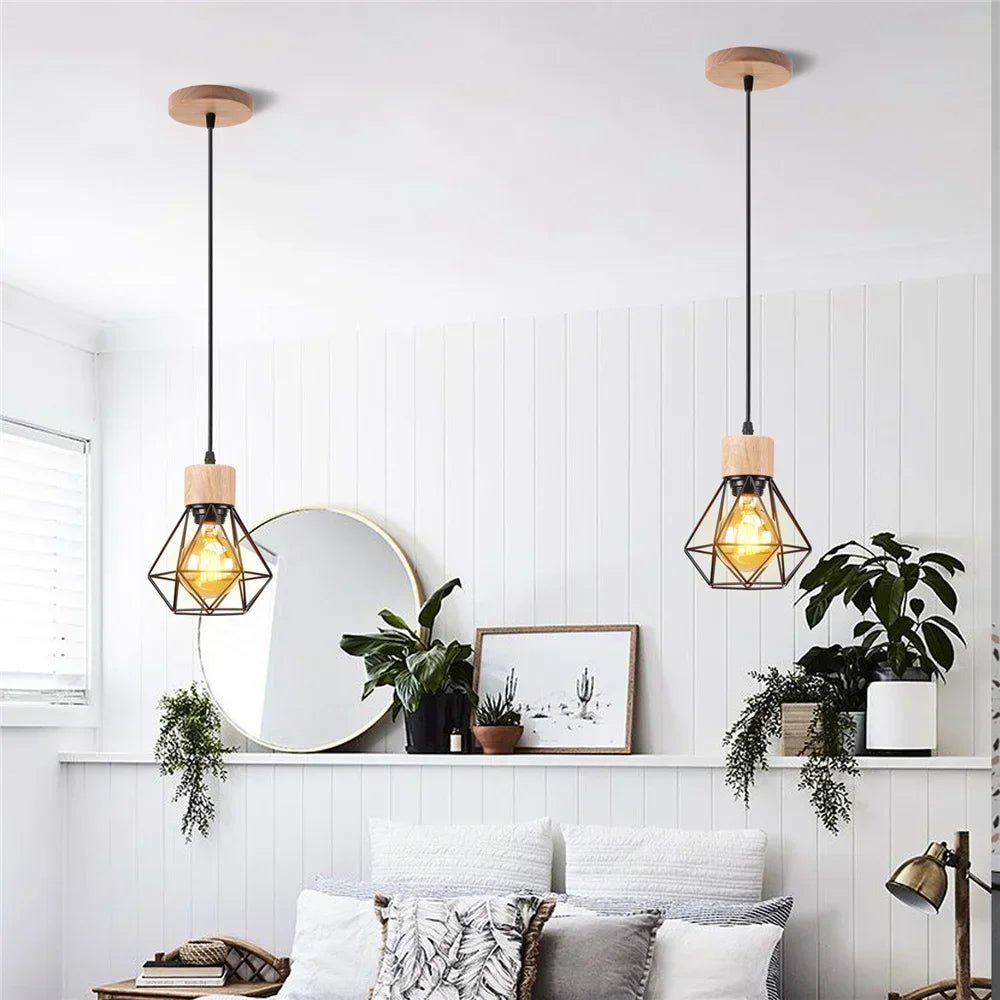 Vintage Black Wood and Iron Cage Pendant Light - Decorbites
