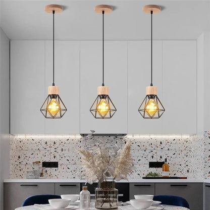 Vintage Black Wood and Iron Cage Pendant Light - Decorbites