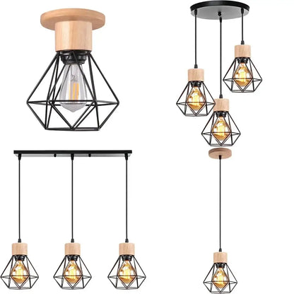 Vintage black wood and iron cage pendant light featuring warm edison bulbs for dining room lighting over square meters